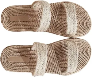 1 Pair Beige Womens Straw Slide Sandals Slip on Flat Open Toe Double Bands Casual Summer Shoes Sandals