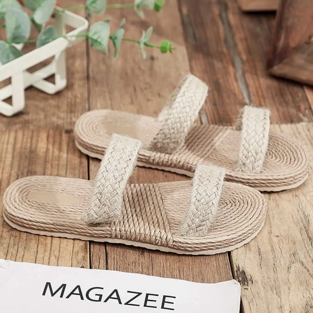 1 Pair Beige Womens Straw Slide Sandals Slip on Flat Open Toe Double Bands Casual Summer Shoes Sandals