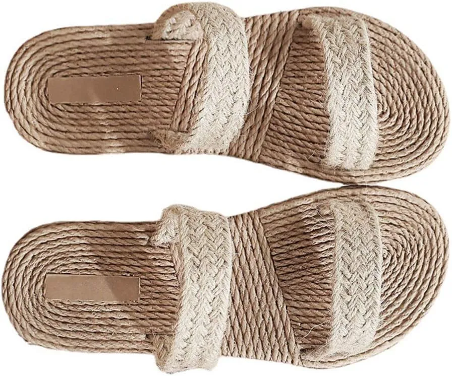 1 Pair Beige Womens Straw Slide Sandals Slip on Flat Open Toe Double Bands Casual Summer Shoes Sandals