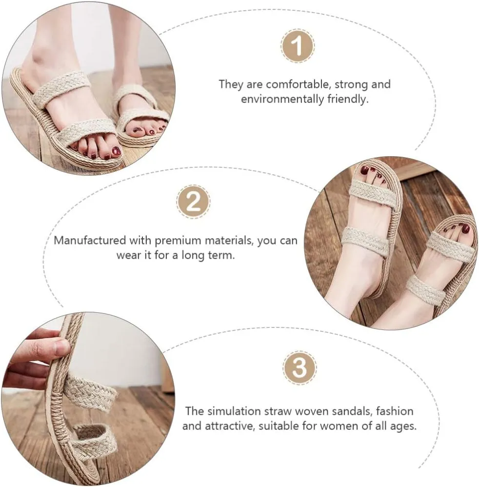 1 Pair Beige Womens Straw Slide Sandals Slip on Flat Open Toe Double Bands Casual Summer Shoes Sandals