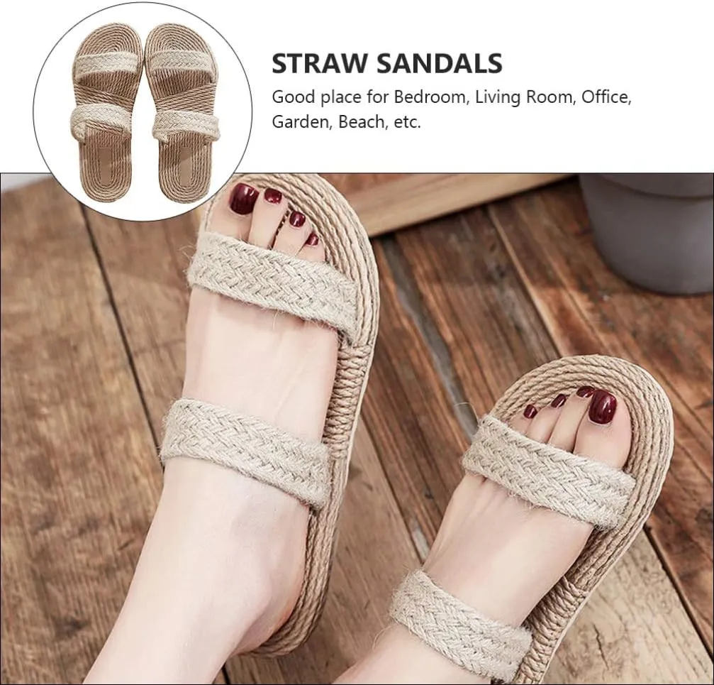1 Pair Beige Womens Straw Slide Sandals Slip on Flat Open Toe Double Bands Casual Summer Shoes Sandals