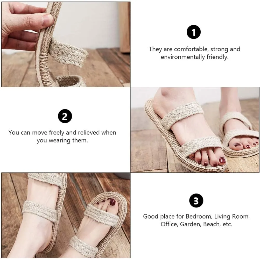 1 Pair Beige Womens Straw Slide Sandals Slip on Flat Open Toe Double Bands Casual Summer Shoes Sandals