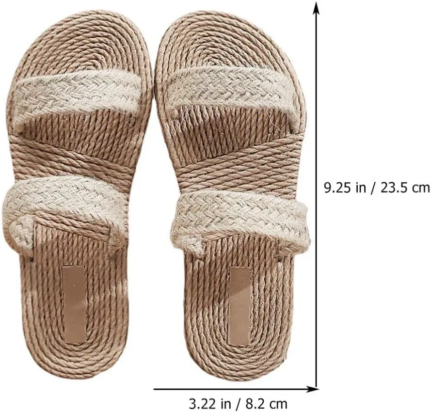 1 Pair Beige Womens Straw Slide Sandals Slip on Flat Open Toe Double Bands Casual Summer Shoes Sandals