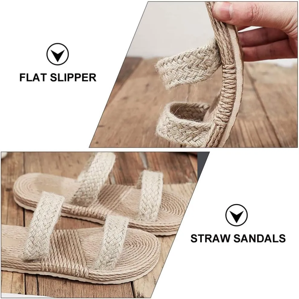1 Pair Beige Womens Straw Slide Sandals Slip on Flat Open Toe Double Bands Casual Summer Shoes Sandals