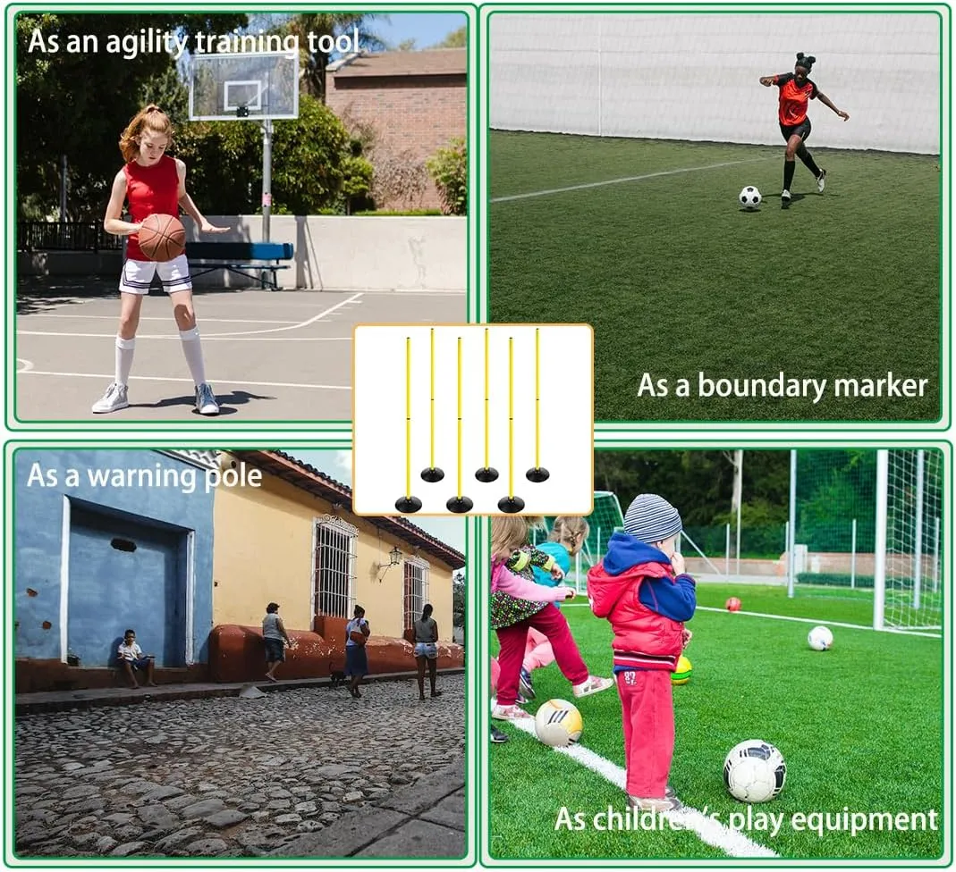 6FT Soccer Agility Poles with Rubber Base Detachable Speed Agility Stick Slalom Speed Training Pole Set for Sports
