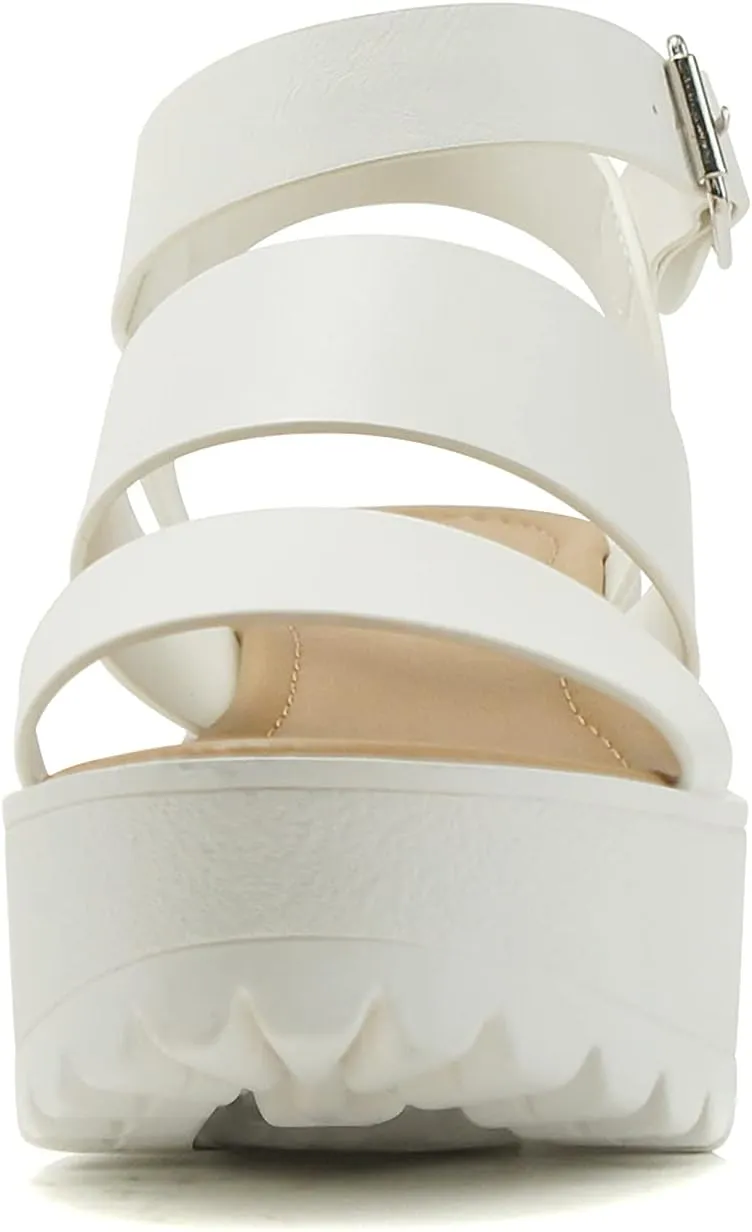 ABSOLEX BELLA ~ Women Fashion Open Toe Two Bands Lug sole Adjustable Ankle Strap Block Heel Sandals