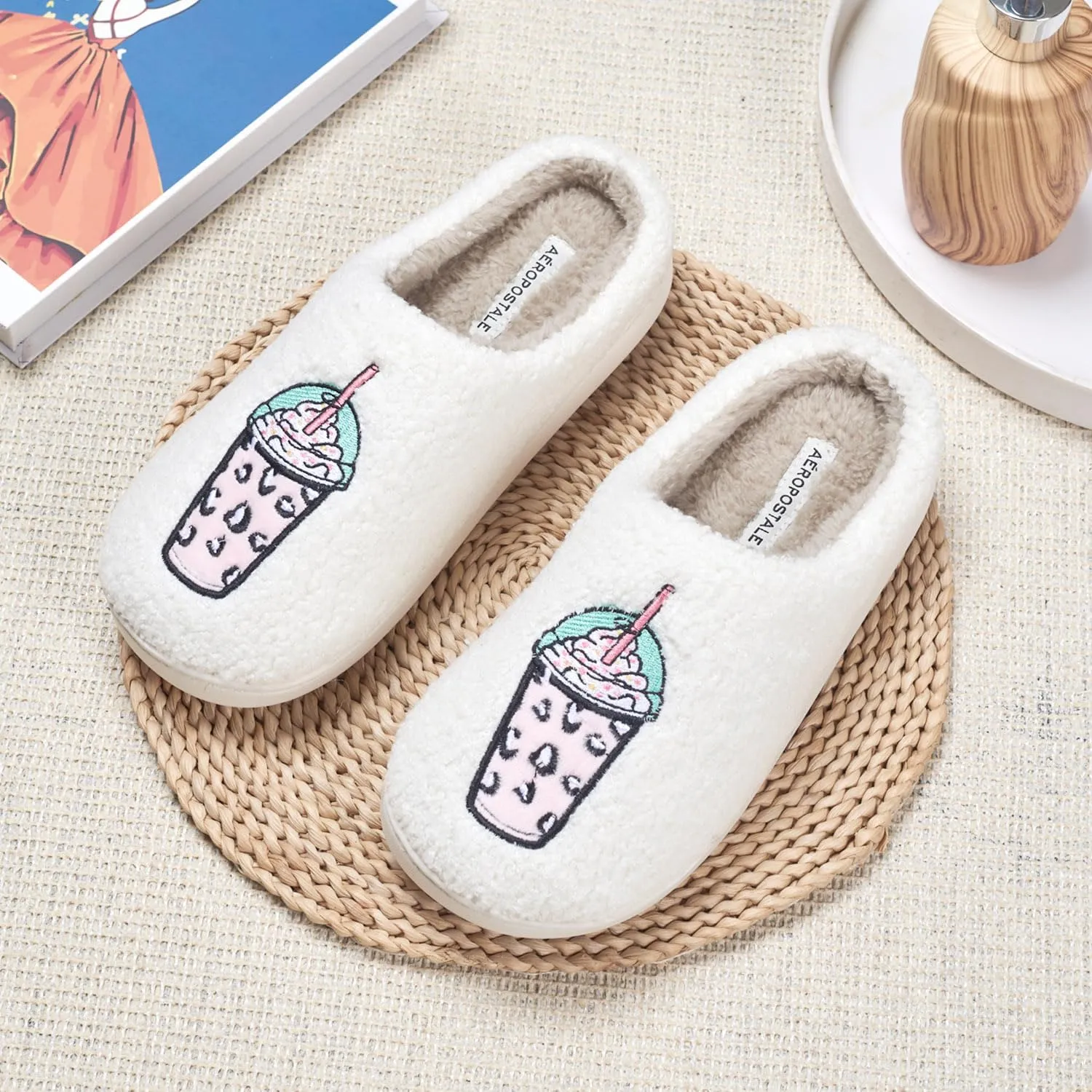 AEROPOSTALE Women's Slippers - Fuzzy Cushioned Comfort Slip-On House Shoes Clog Slipper, Indoor Outdoor Slippers - Printed Design- Slippers for Women