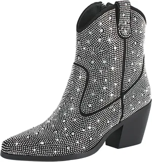 Agodor Rhinestone Cowboy Boots Women Glitter Chunky Heel Western Cowgirl Booties Sparkly Pointed Toe Wedding Shoes