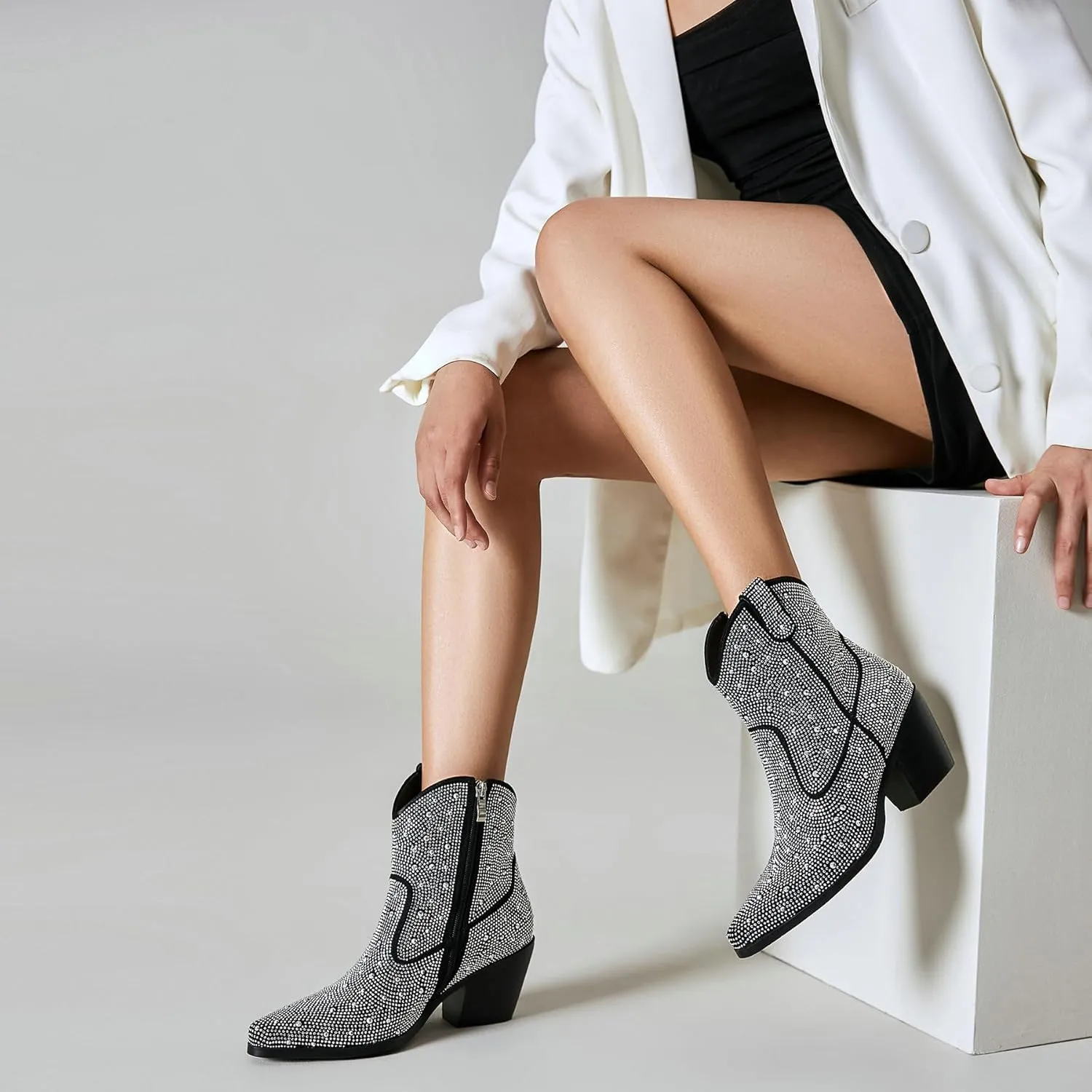 Agodor Rhinestone Cowboy Boots Women Glitter Chunky Heel Western Cowgirl Booties Sparkly Pointed Toe Wedding Shoes