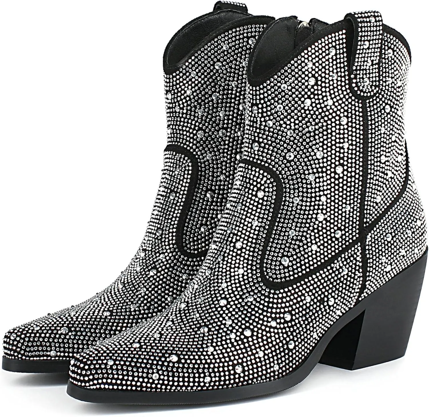 Agodor Rhinestone Cowboy Boots Women Glitter Chunky Heel Western Cowgirl Booties Sparkly Pointed Toe Wedding Shoes
