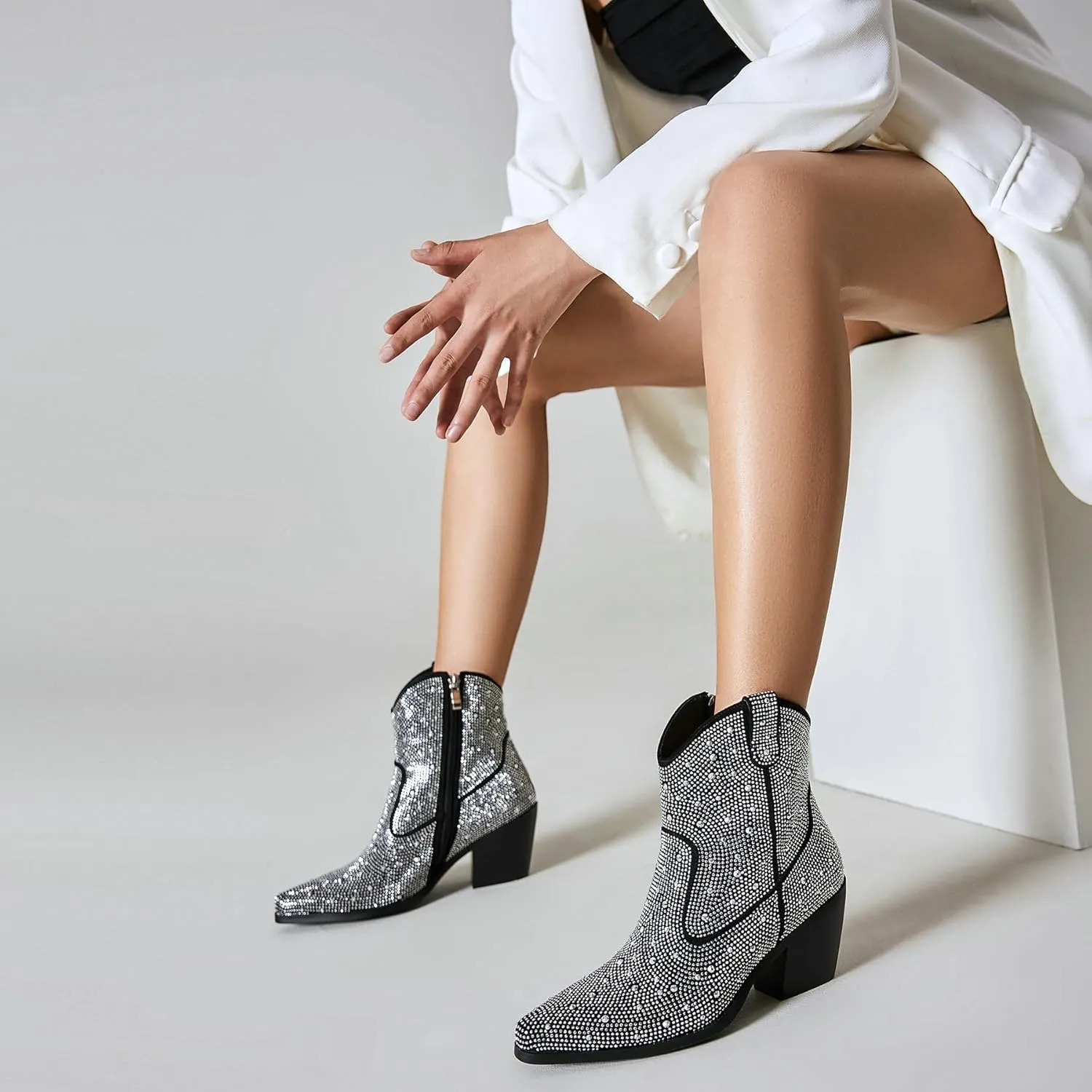 Agodor Rhinestone Cowboy Boots Women Glitter Chunky Heel Western Cowgirl Booties Sparkly Pointed Toe Wedding Shoes