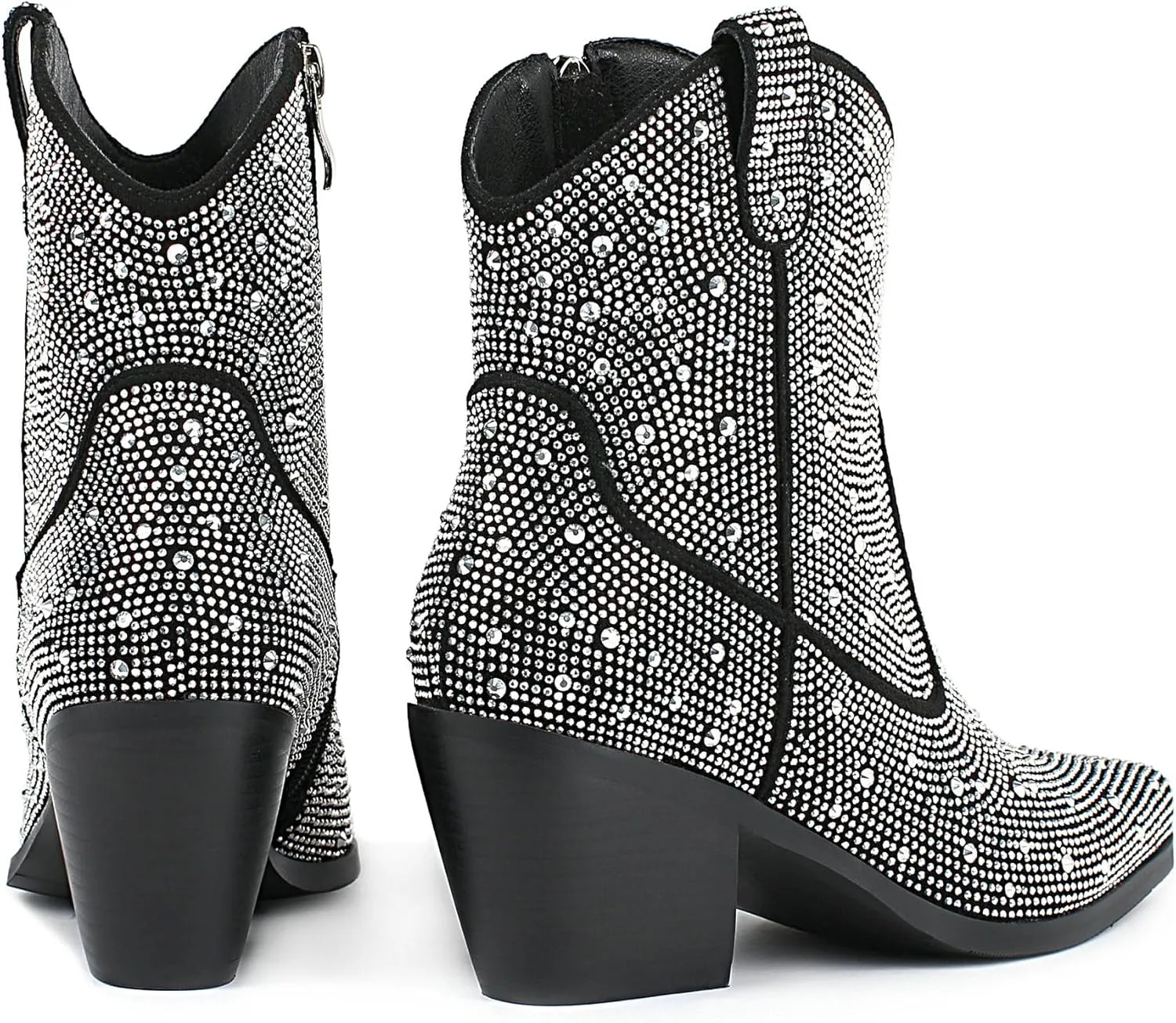 Agodor Rhinestone Cowboy Boots Women Glitter Chunky Heel Western Cowgirl Booties Sparkly Pointed Toe Wedding Shoes