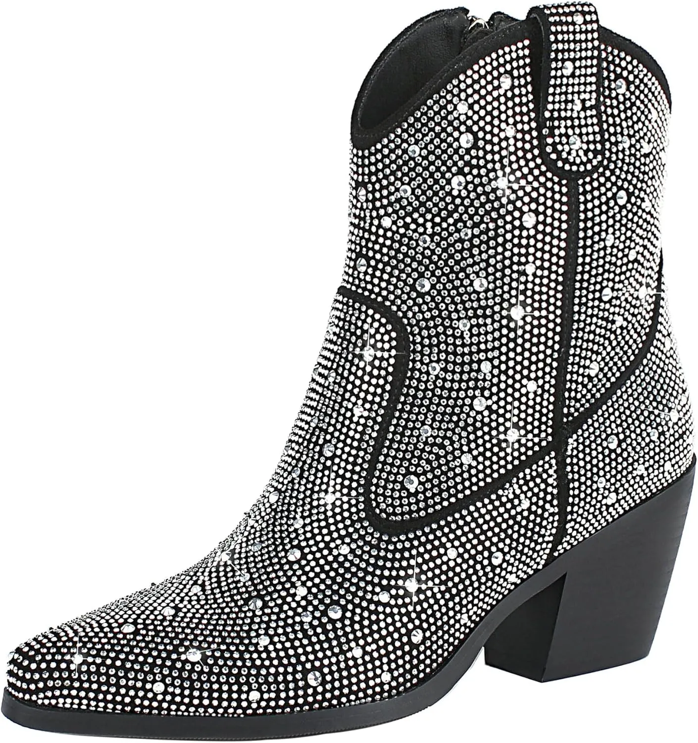 Agodor Rhinestone Cowboy Boots Women Glitter Chunky Heel Western Cowgirl Booties Sparkly Pointed Toe Wedding Shoes