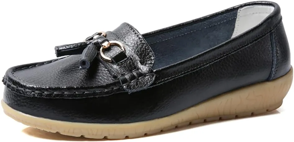 AIFLM Womens Leather Loafer Moccasin Slip on Driving Nurse Walking Working Shoes Non Slip Casual Shoes Light Antiskid Flat Soled Bowknot