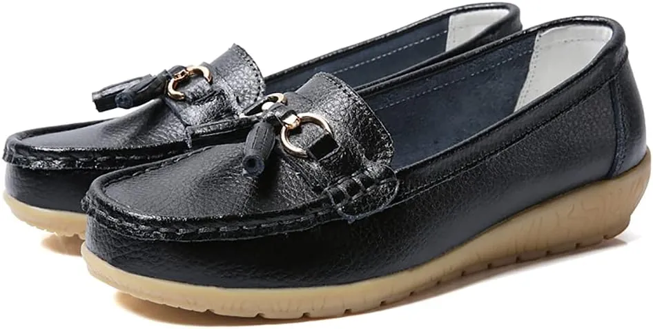 AIFLM Womens Leather Loafer Moccasin Slip on Driving Nurse Walking Working Shoes Non Slip Casual Shoes Light Antiskid Flat Soled Bowknot