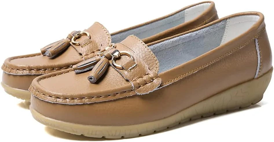 AIFLM Womens Leather Loafer Moccasin Slip on Driving Nurse Walking Working Shoes Non Slip Casual Shoes Light Antiskid Flat Soled Bowknot