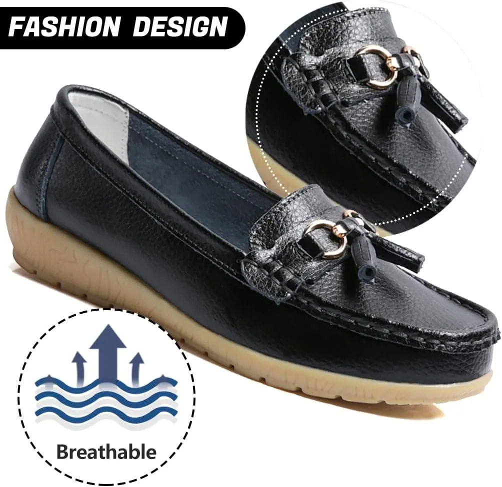 AIFLM Womens Leather Loafer Moccasin Slip on Driving Nurse Walking Working Shoes Non Slip Casual Shoes Light Antiskid Flat Soled Bowknot