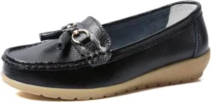 AIFLM Womens Leather Loafer Moccasin Slip on Driving Nurse Walking Working Shoes Non Slip Casual Shoes Light Antiskid Flat Soled Bowknot