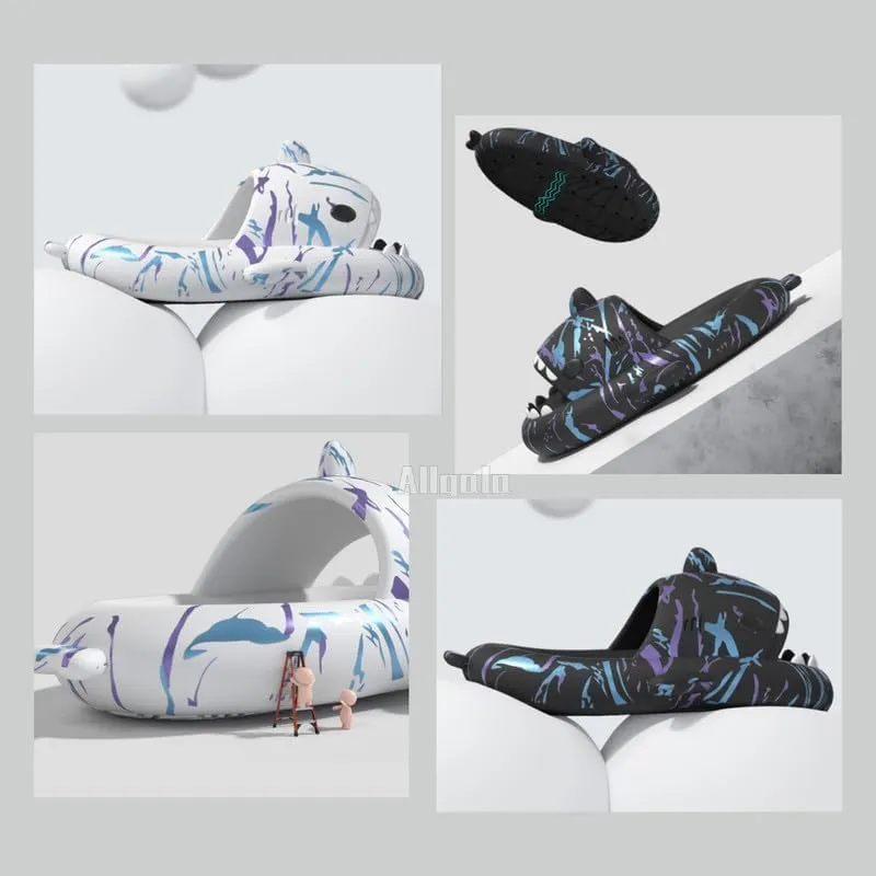 allgala Shark Slides for Women Men and Big Kids Novelty Soft Slippers Open Toe Shark Sandals Cushioned Slides Beach Pool Shower Cruise Slippers with Comfy Cushioned Thick Sole