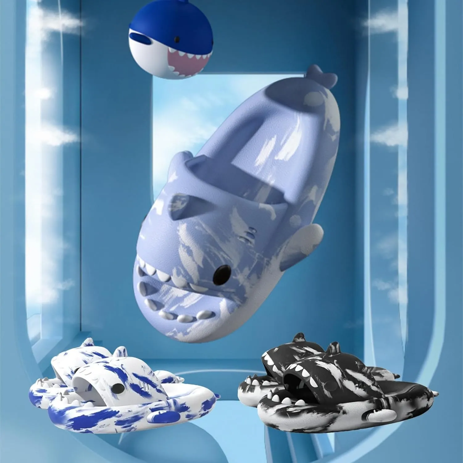 allgala Shark Slides for Women Men and Big Kids Novelty Soft Slippers Open Toe Shark Sandals Cushioned Slides Beach Pool Shower Cruise Slippers with Comfy Cushioned Thick Sole