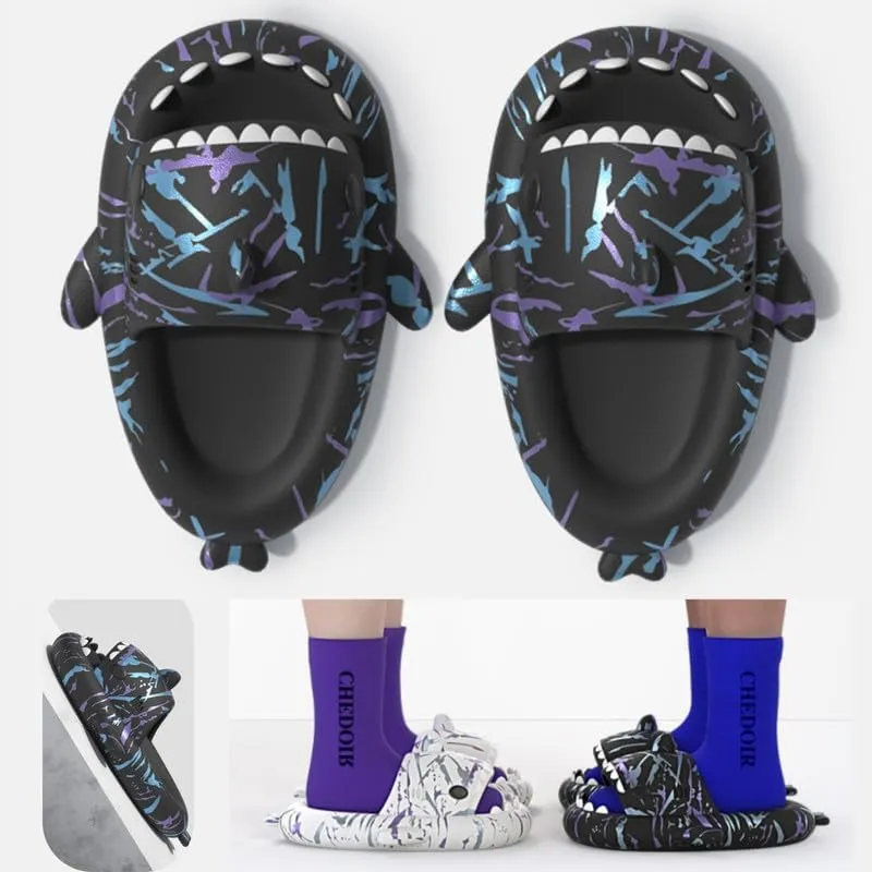 allgala Shark Slides for Women Men and Big Kids Novelty Soft Slippers Open Toe Shark Sandals Cushioned Slides Beach Pool Shower Cruise Slippers with Comfy Cushioned Thick Sole