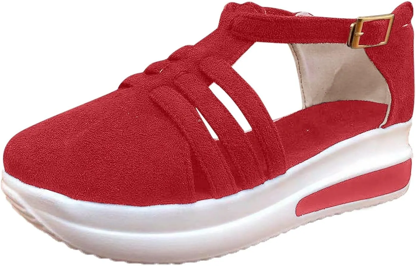 Aniywn Womens Summer Closed Toe Platform Sandal Shoes Casual Hollow Ankle Straps Shoes Slip On Soft Shoes
