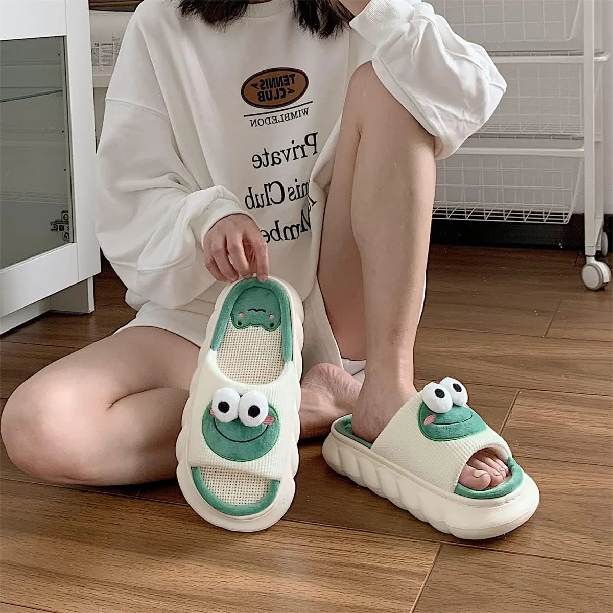 AONUOWE Summer Cloud Slipper for Wome Girl Cute Frog Slipper Kawaii House Linen Slipper for Teen Girls Dorm School Bedroom, High Platform