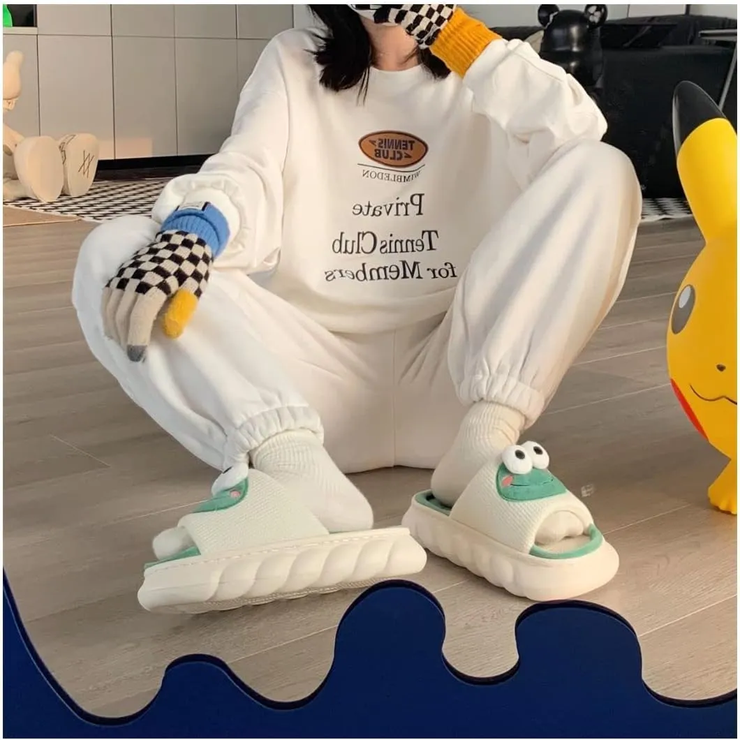 AONUOWE Summer Cloud Slipper for Wome Girl Cute Frog Slipper Kawaii House Linen Slipper for Teen Girls Dorm School Bedroom, High Platform