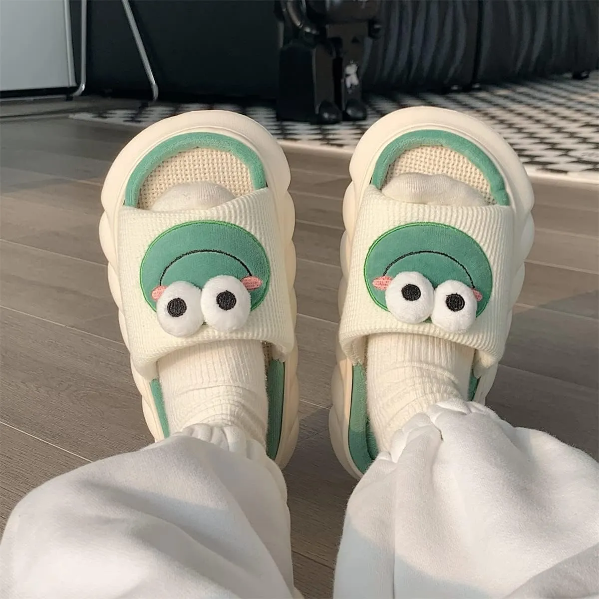 AONUOWE Summer Cloud Slipper for Wome Girl Cute Frog Slipper Kawaii House Linen Slipper for Teen Girls Dorm School Bedroom, High Platform