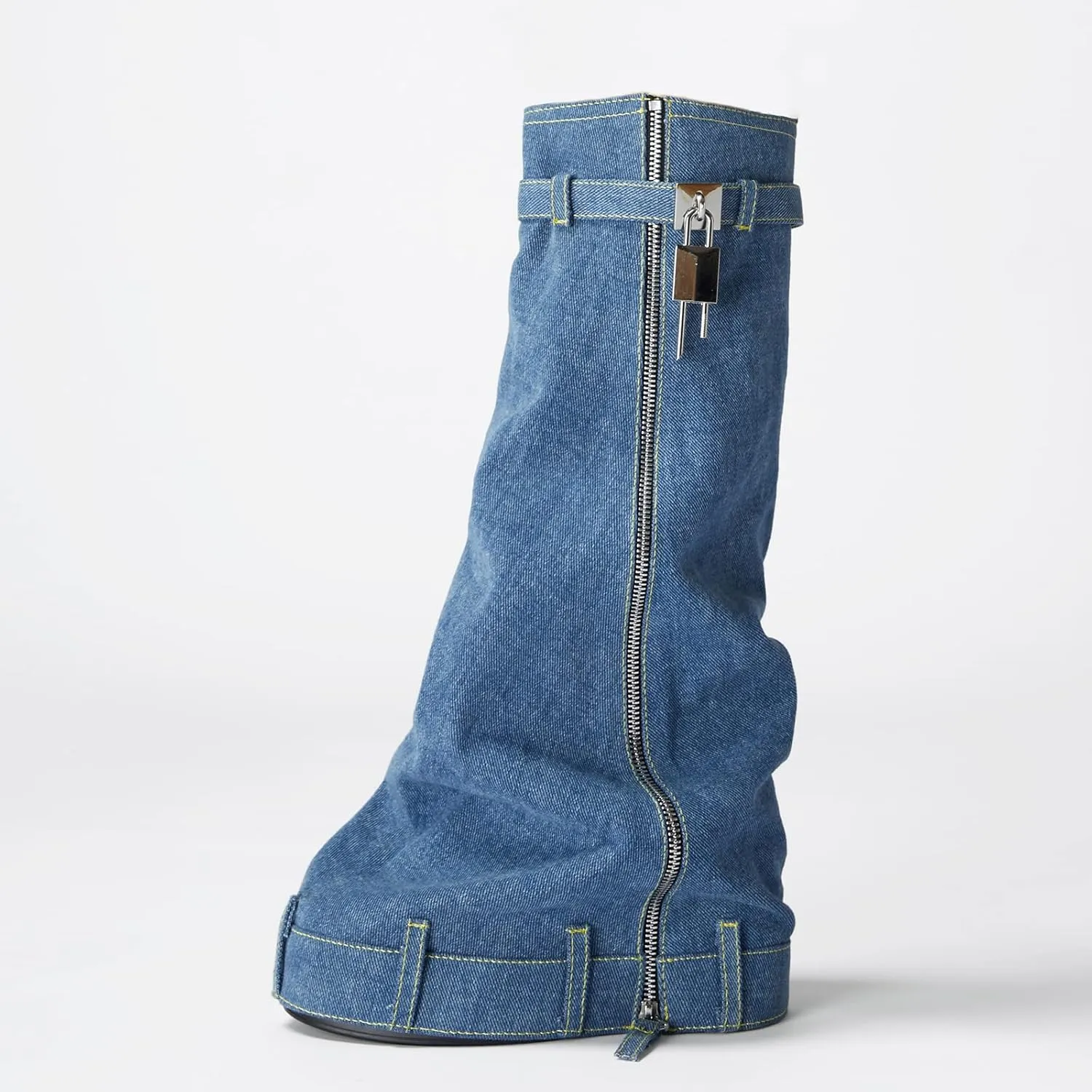 Arqa Women's Fold Over Knee High Boots Platform Heel Padlock Boot with Zipper Denim Jeans Biker Shoes