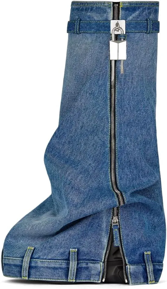Arqa Women's Fold Over Knee High Boots Platform Heel Padlock Boot with Zipper Denim Jeans Biker Shoes