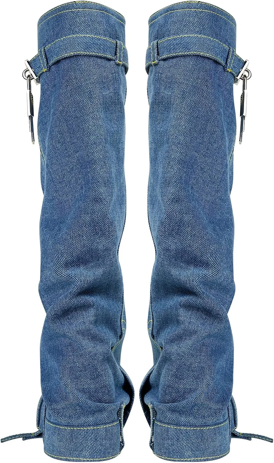 Arqa Women's Fold Over Knee High Boots Platform Heel Padlock Boot with Zipper Denim Jeans Biker Shoes
