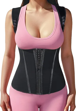 Atbuty Short Torso Waist Trainer for Women Lower Belly Support Gym, Corset Vest with Zipper and Hooks Black
