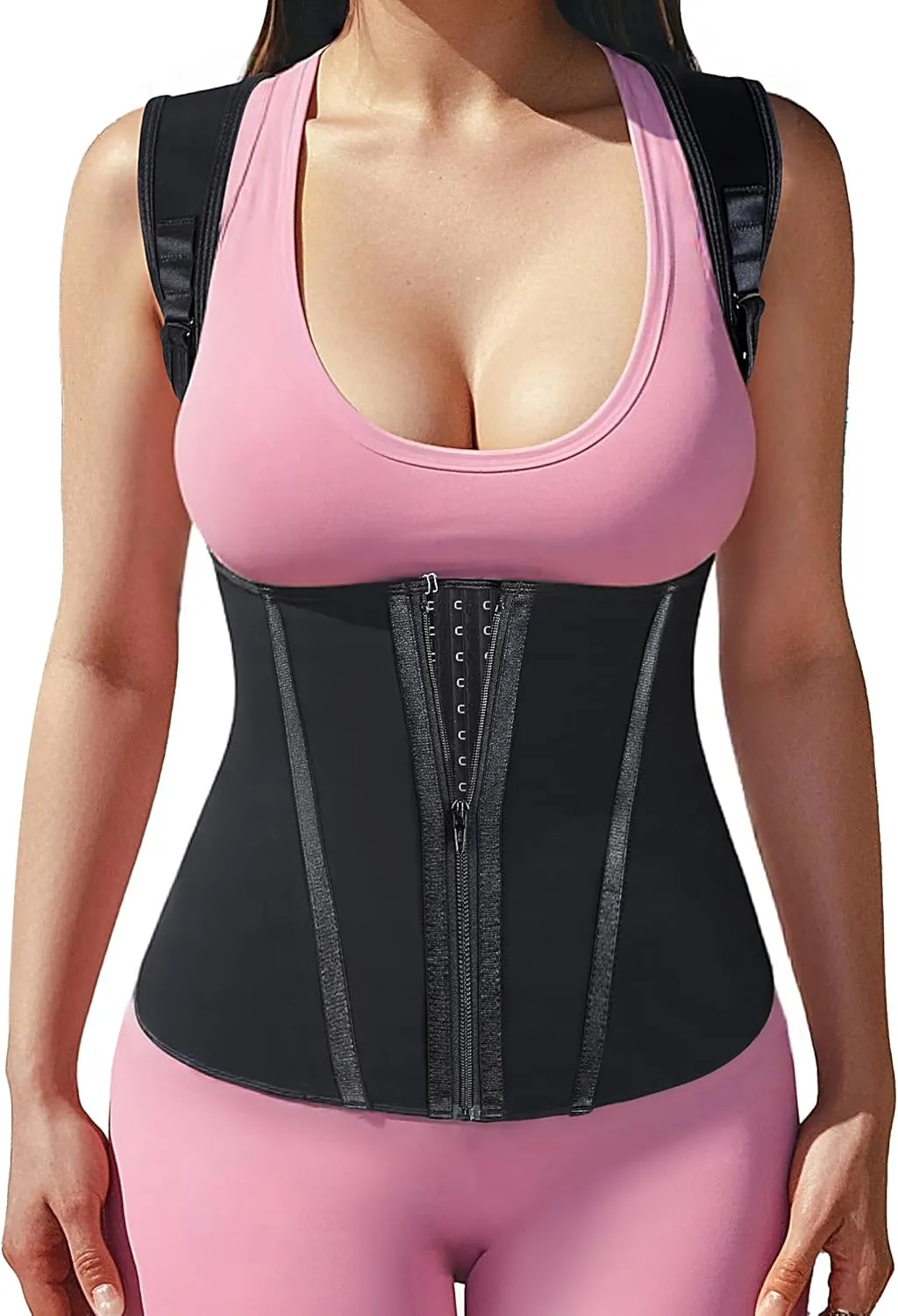 Atbuty Short Torso Waist Trainer for Women Lower Belly Support Gym, Corset Vest with Zipper and Hooks Black