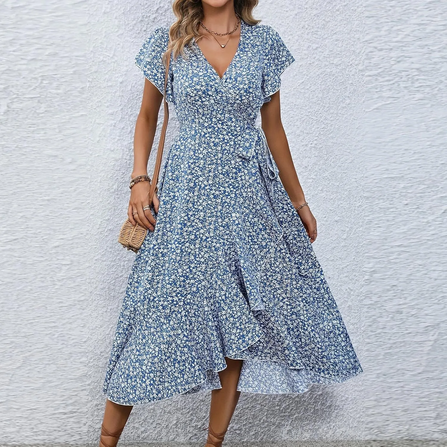 BAXLIMEK Floral Dress for Women,2025 Summer Elegant V Neck Short Sleeve Midi Dress Flowy Ruffle Irregular Hem Boho Sundress