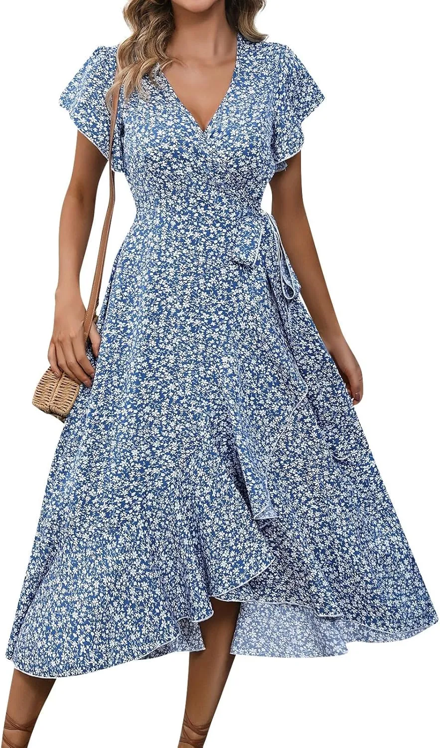BAXLIMEK Floral Dress for Women,2025 Summer Elegant V Neck Short Sleeve Midi Dress Flowy Ruffle Irregular Hem Boho Sundress
