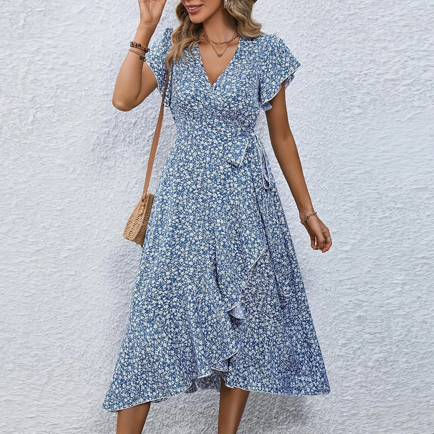 BAXLIMEK Floral Dress for Women,2025 Summer Elegant V Neck Short Sleeve Midi Dress Flowy Ruffle Irregular Hem Boho Sundress