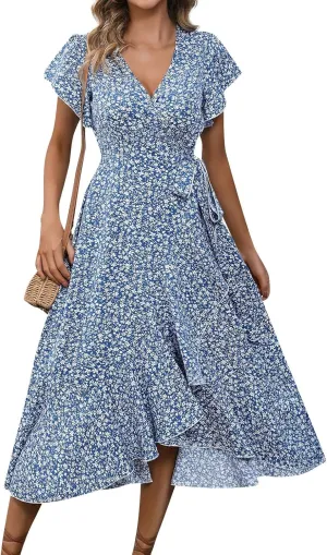 BAXLIMEK Floral Dress for Women,2025 Summer Elegant V Neck Short Sleeve Midi Dress Flowy Ruffle Irregular Hem Boho Sundress