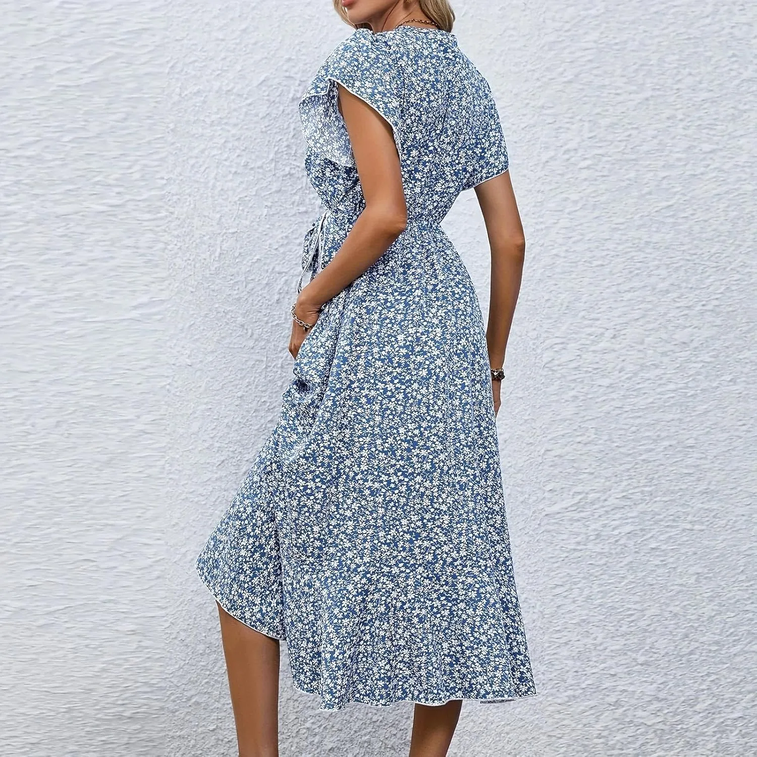 BAXLIMEK Floral Dress for Women,2025 Summer Elegant V Neck Short Sleeve Midi Dress Flowy Ruffle Irregular Hem Boho Sundress