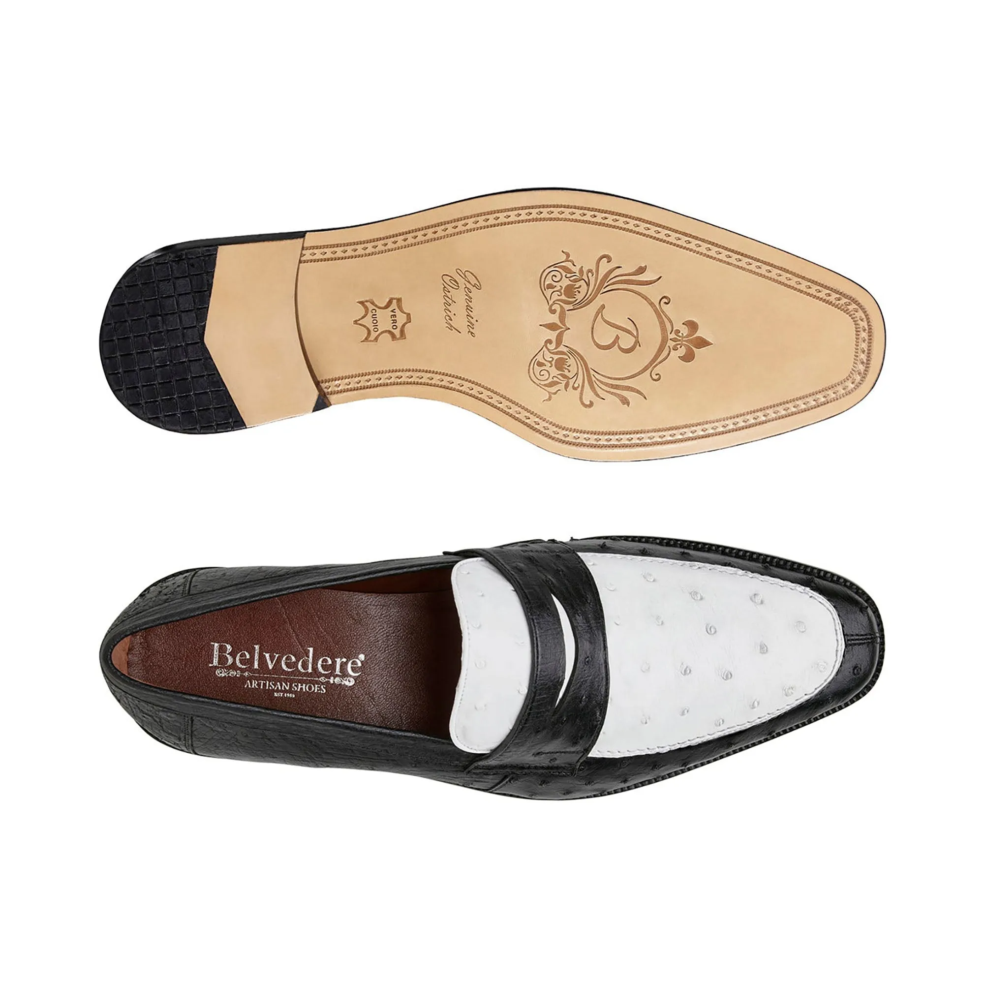 Belvedere Espada in Black / White Ostrich Quill Penny Loafers