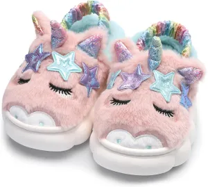 Bigwow Cute Girls Fuzzy Slippers Cartoon Animal Plush Slip On Slides Toddler Little Kid Non-Slip House Slipper with Memory Foam Cozy Warm Indoor Outdoor Shoes