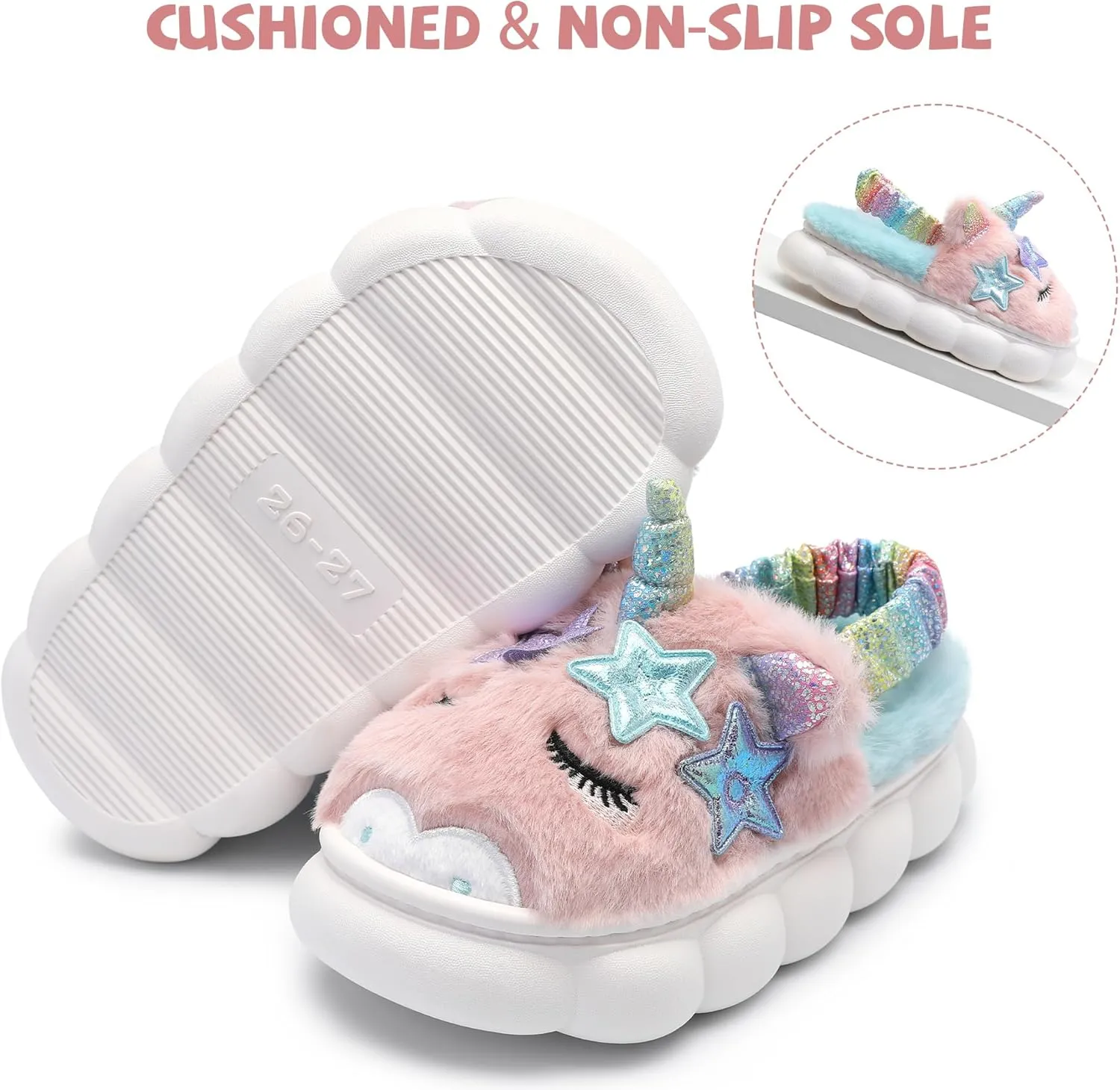 Bigwow Cute Girls Fuzzy Slippers Cartoon Animal Plush Slip On Slides Toddler Little Kid Non-Slip House Slipper with Memory Foam Cozy Warm Indoor Outdoor Shoes