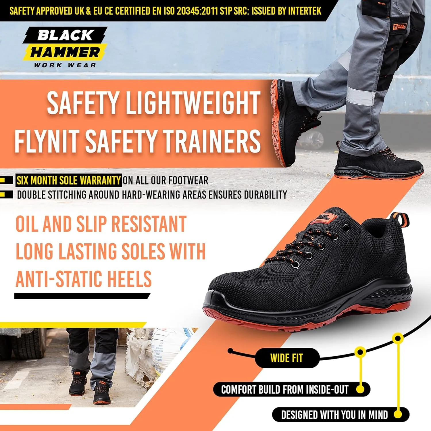 Black Hammer Mens Safety Trainers Steel Toe Cap S1P Slip Resistant SRC Lightweight Steel Midsole Work Breathable Shoes Ankle Hiker 2292
