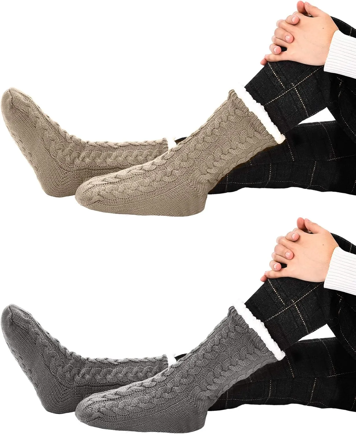 Boao 2 Pairs Women Warm Slipper Socks Christmas Fuzzy Winter Fleece Socks with Grippers Lined Non Slip Slipper Gift