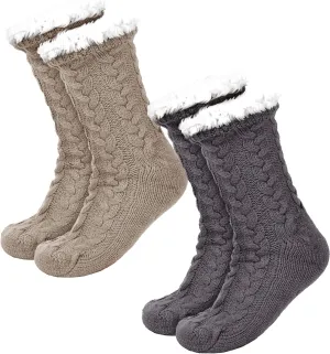 Boao 2 Pairs Women Warm Slipper Socks Christmas Fuzzy Winter Fleece Socks with Grippers Lined Non Slip Slipper Gift