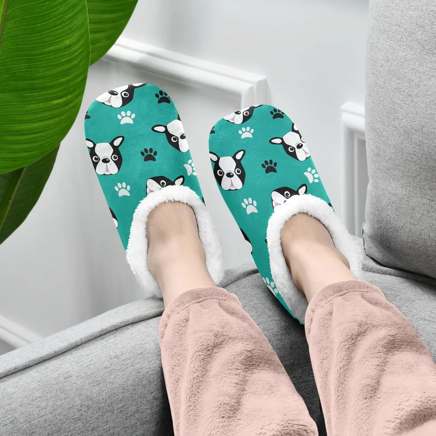 Boston Terrier Puppy Paw Indoor House Slippers Spa Winter Slipper Home Slippers Soft Memory Foam Slipper Non Slip for Travel Hotel Bedroom Shoes M