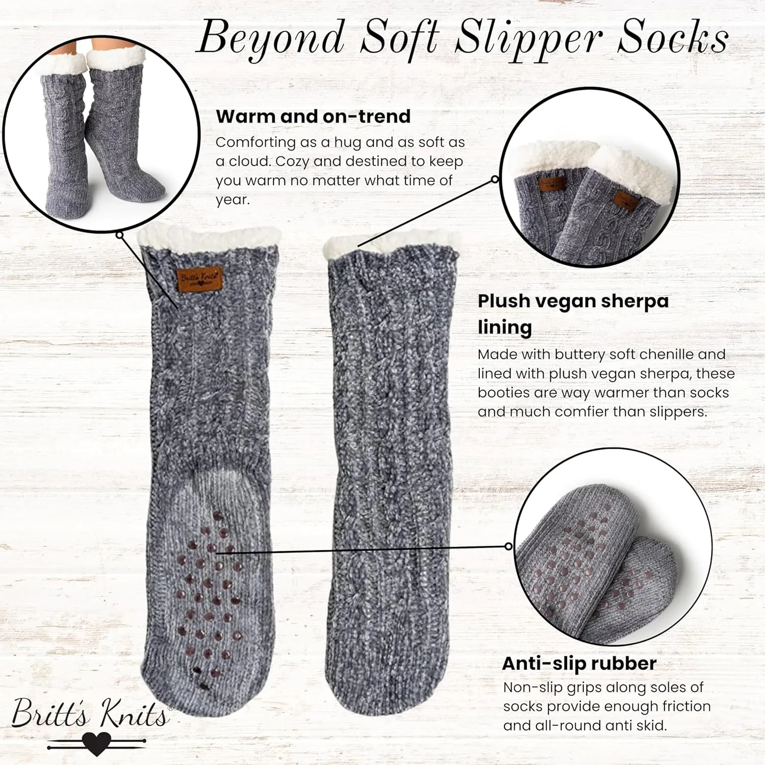 Britt's Knits Soft Slipper Boot Socks - Super Warm, Cozy, Buttery Soft Knit Chenille Slipper Socks for Women