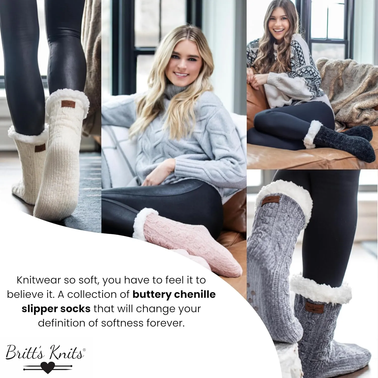 Britt's Knits Soft Slipper Boot Socks - Super Warm, Cozy, Buttery Soft Knit Chenille Slipper Socks for Women