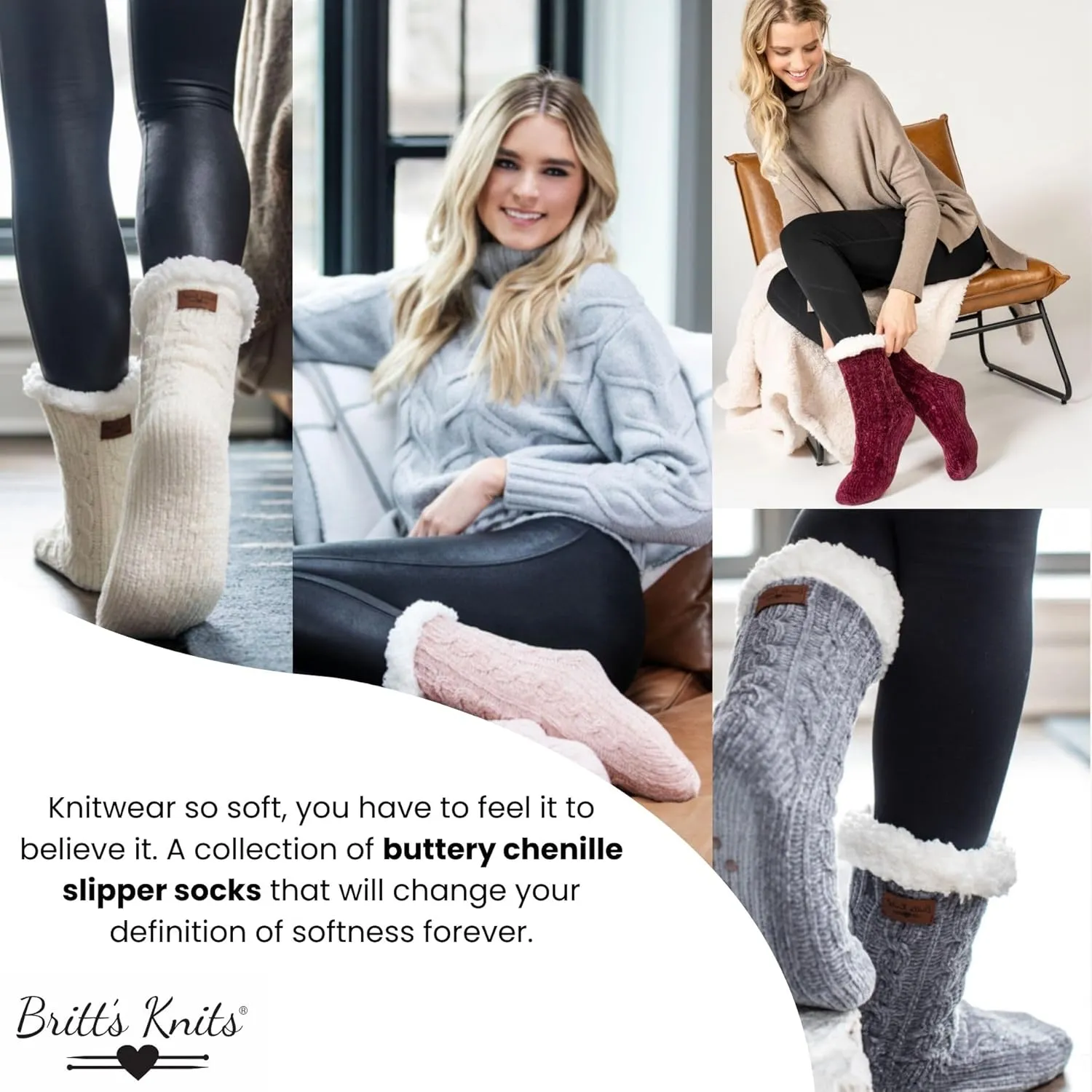 Britt's Knits Soft Slipper Boot Socks - Super Warm, Cozy, Buttery Soft Knit Chenille Slipper Socks for Women