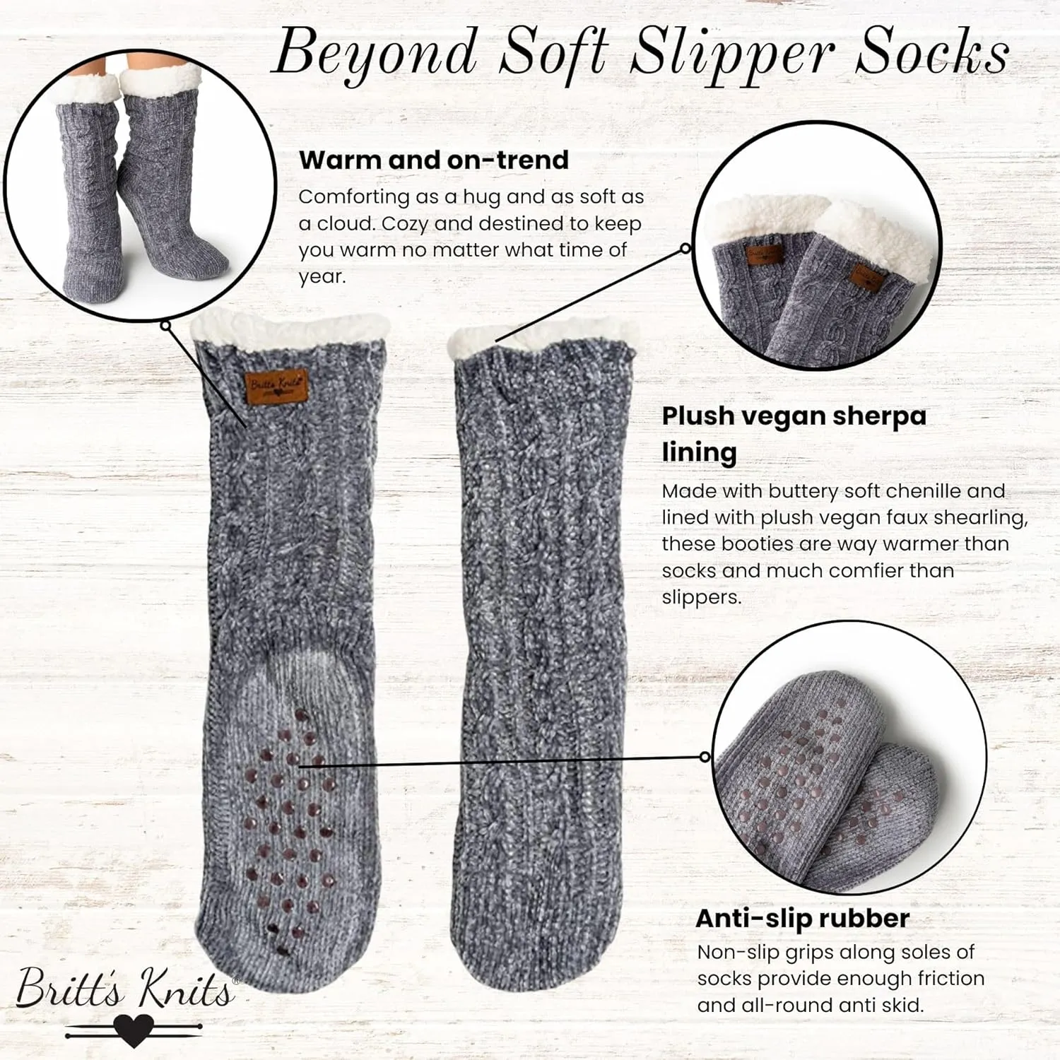 Britt's Knits Soft Slipper Boot Socks - Super Warm, Cozy, Buttery Soft Knit Chenille Slipper Socks for Women